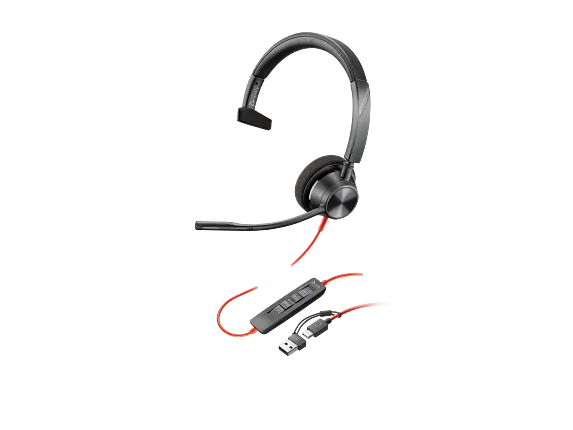 Poly Blackwire 3310 Monaural Microsoft Teams Certified USB-C Headset +USB-C/A Adapter